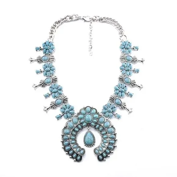 Western Turquoise Stone Statement Necklace and Earring Set New